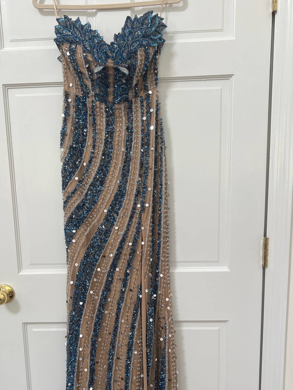 Faviana Teal and Nude Sequin Strapless Prom Gown